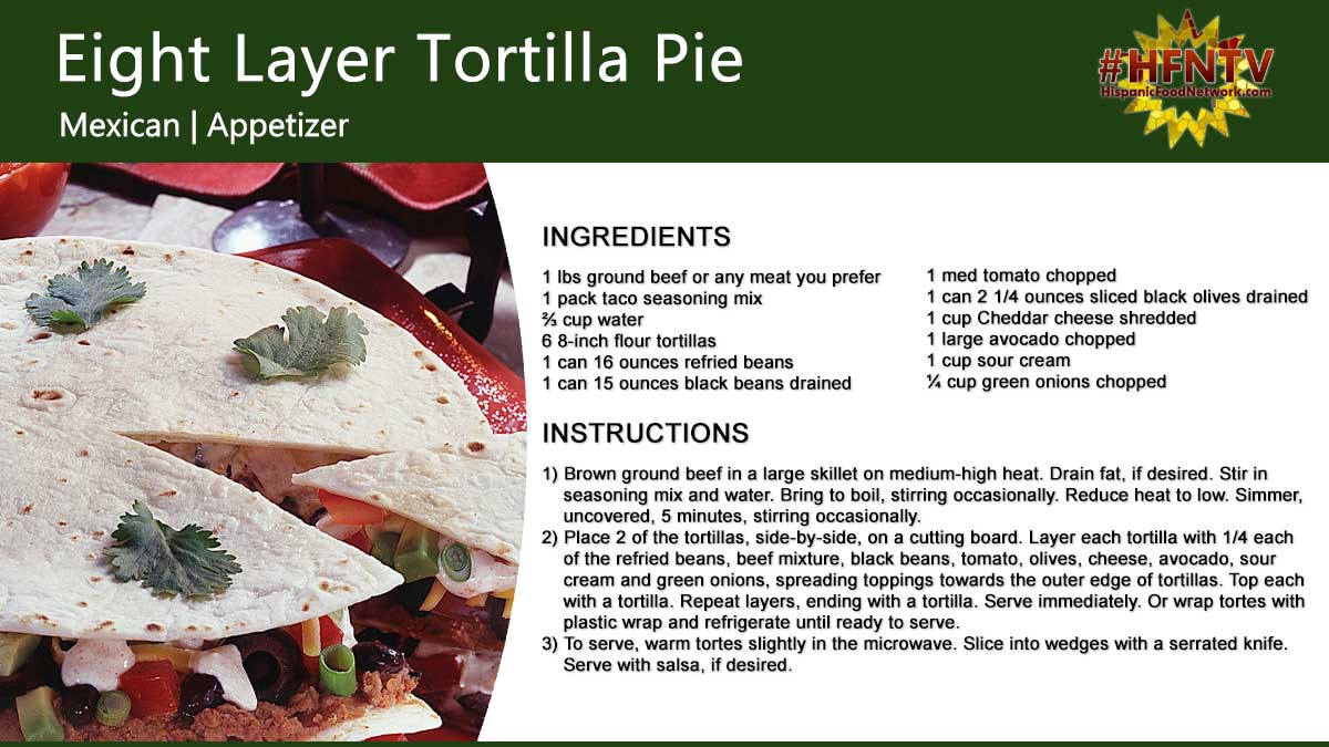 Eight Layer Tortilla Pie Recipe Card