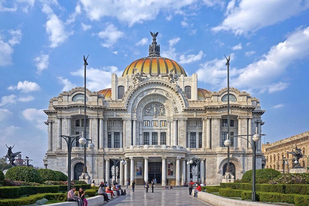 Stunning image of the Palace of Fine Arts in Mexico City, displaying its exquisite architectural detail and artistic grandeur, symbolizing the city's rich cultural heritage.