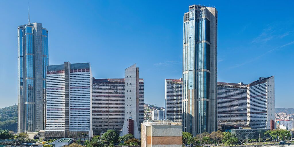 A panoramic view of the impressive Office Buildings Complex Parque Central, a prominent architectural landmark in Caracas, Venezuela.